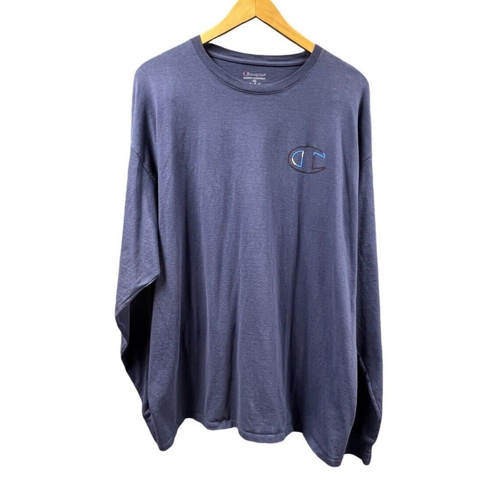 Champion Shirt Men 2XL Navy Blue Spellout Logo Long Sleeve Cotton Tee Athleisure